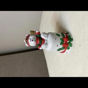 Vintage Adorable Christmas Polar Bear Bell Ornament 5" tall White Green Red